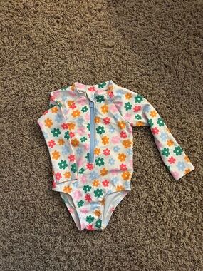 Old Navy White Long-Sleeve Floral One-Piece Swimsuit with Multicolor Flowers